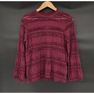 By Timo Womens Lace Long Sheer Sleeve Top M Burgundy Boho Chic Bohemian Western